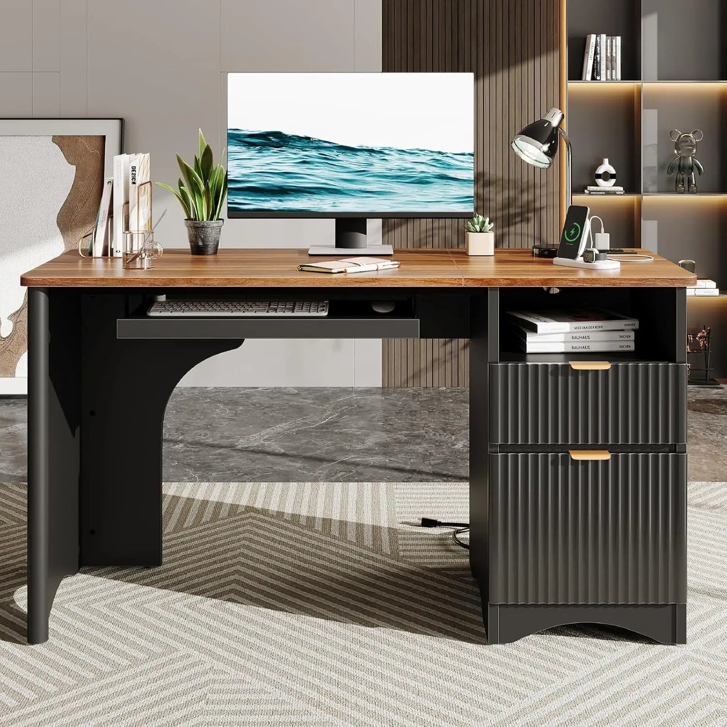 Computer Desk With Keyboard Tray And Power Outlet File Drawer
