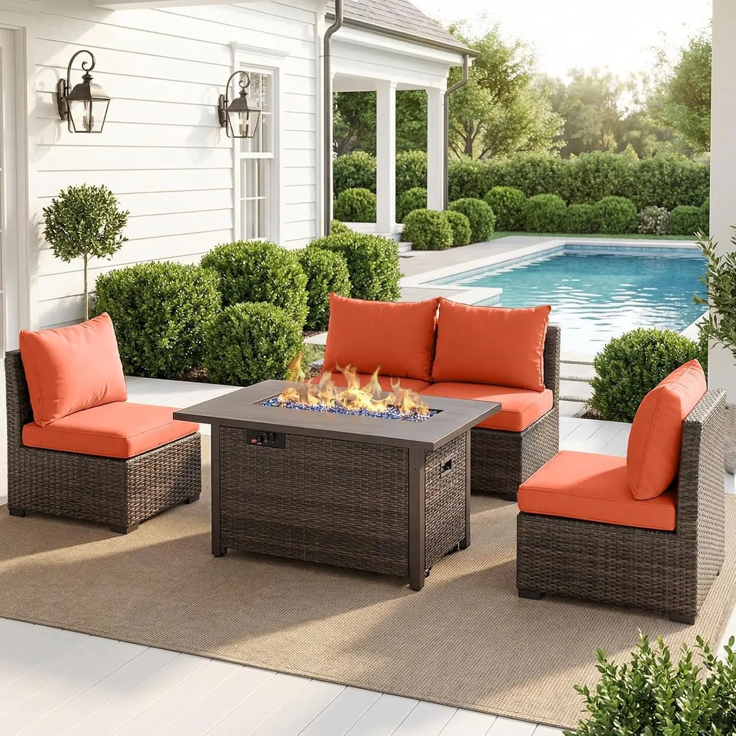 XIAOLANG Patio Furniture Set With Fire Pit Table Outdoor Rattan