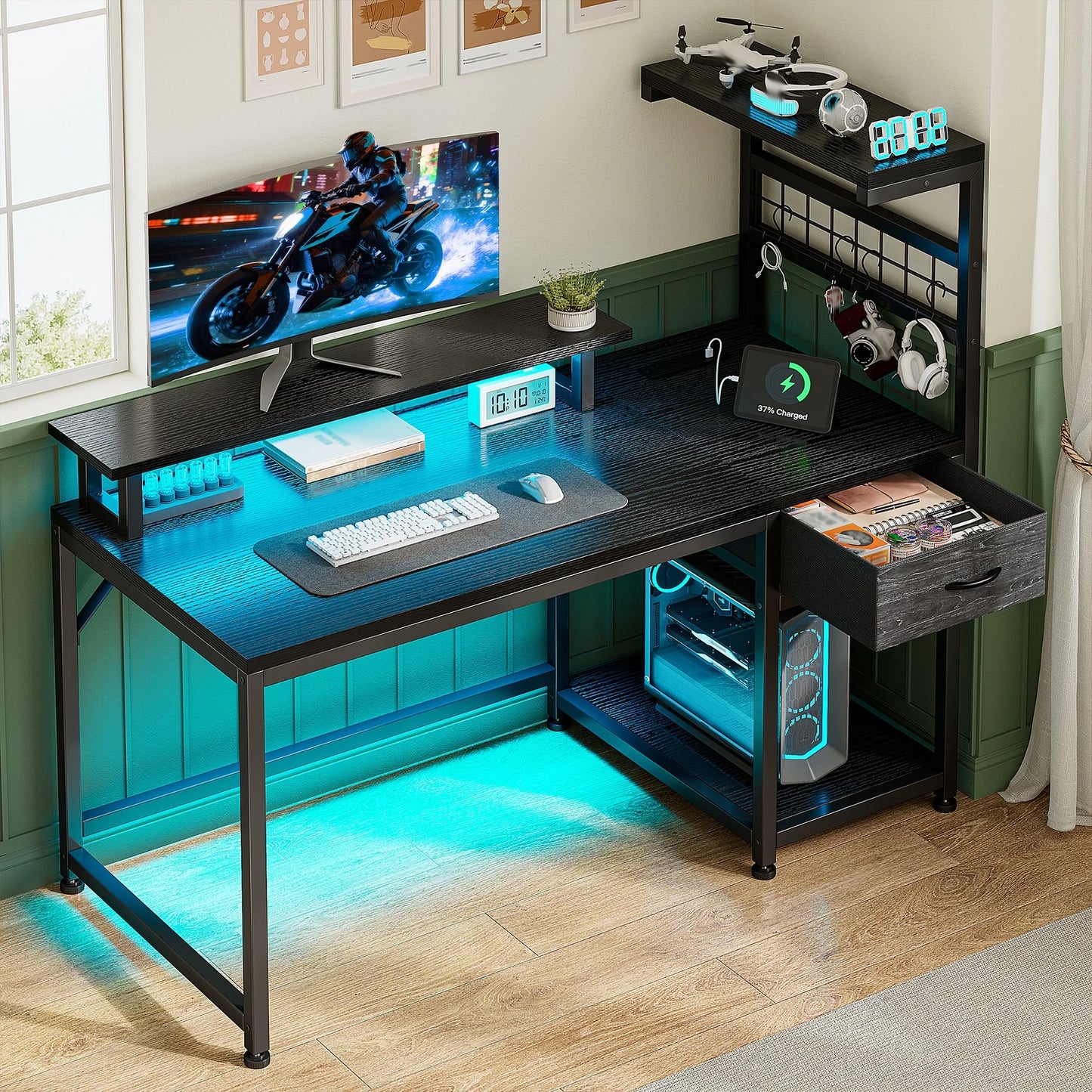 EnHomee Gaming Computer Desk With Power Outlets And RGB LED