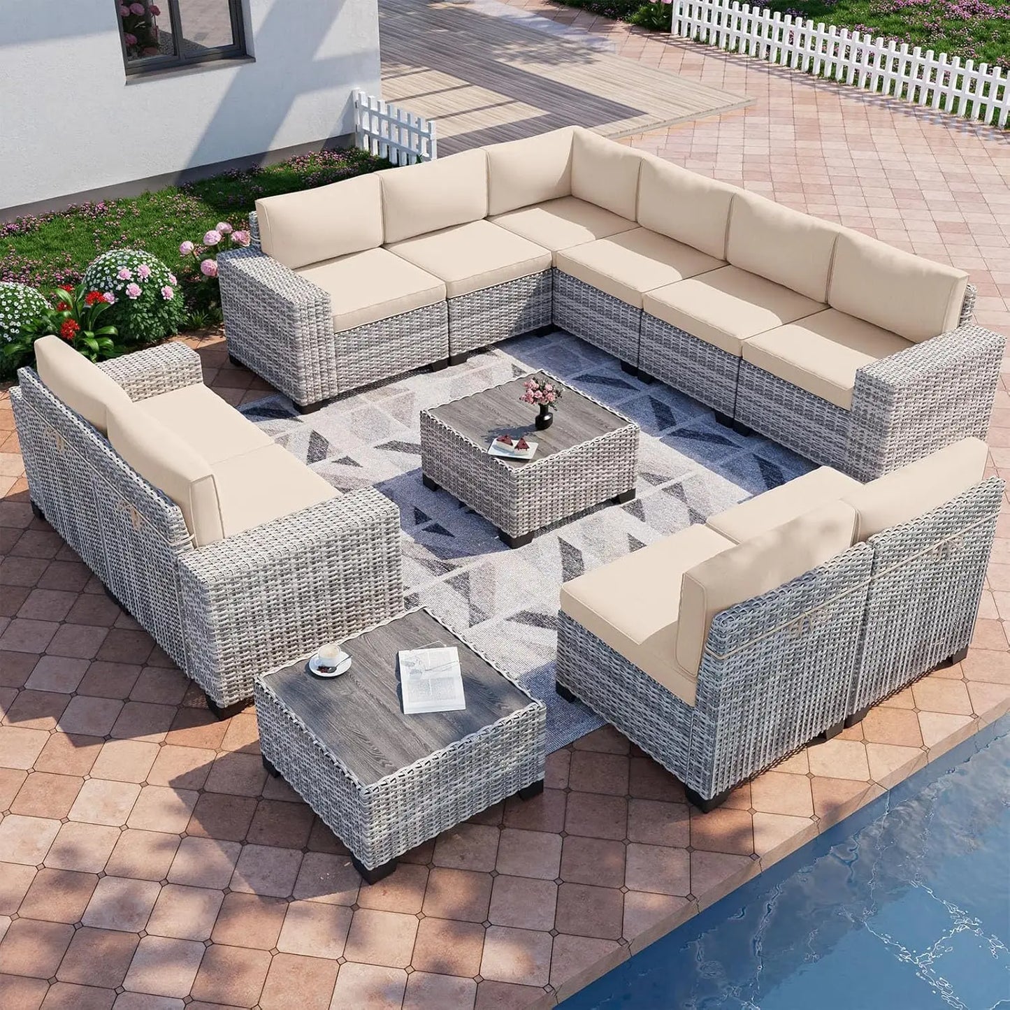 12 Piece Wicker Outdoor Patio Furniture Set With Thick Cushions