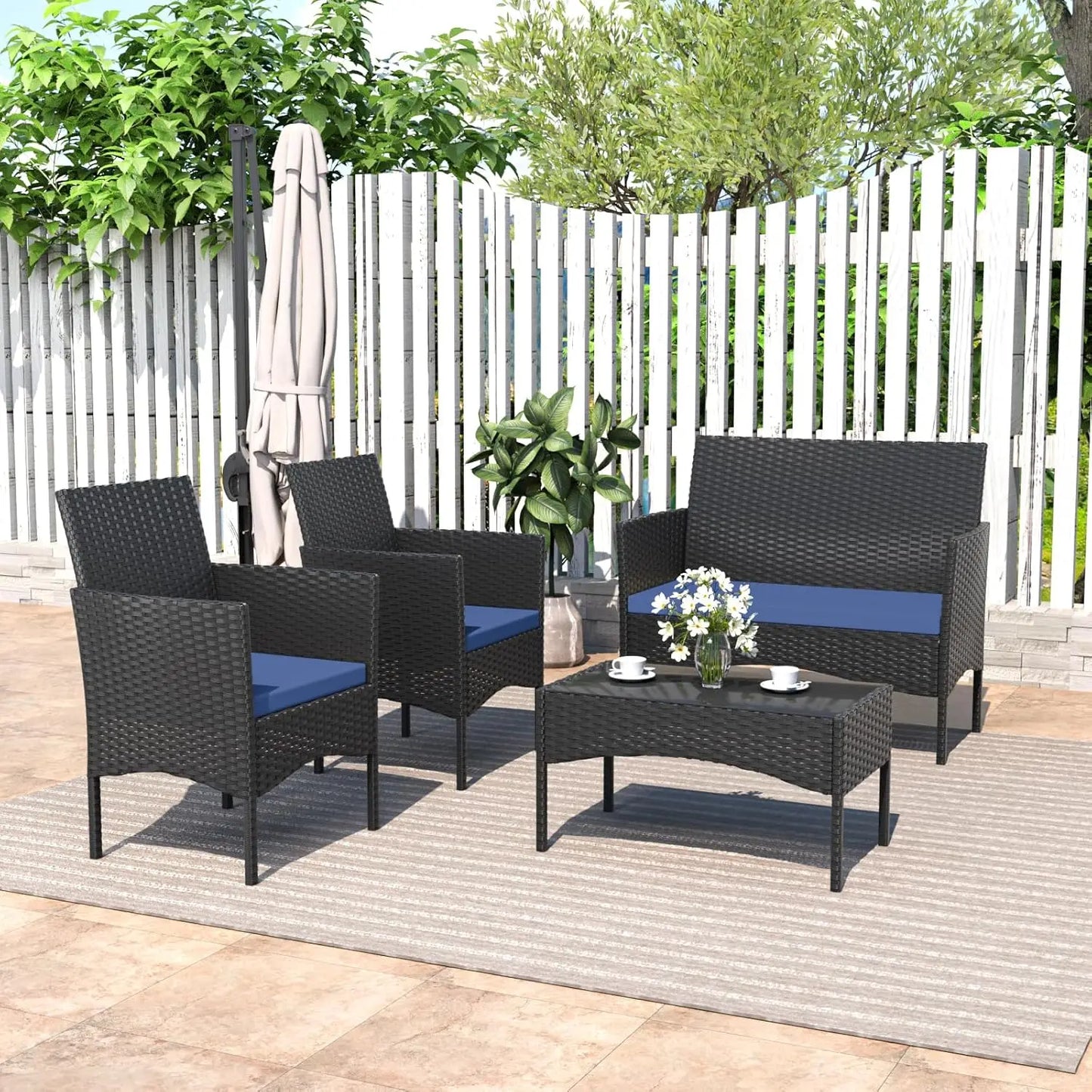 XIAOLANG Outdoor Rattan Conversation Set With Tempered Glass Table