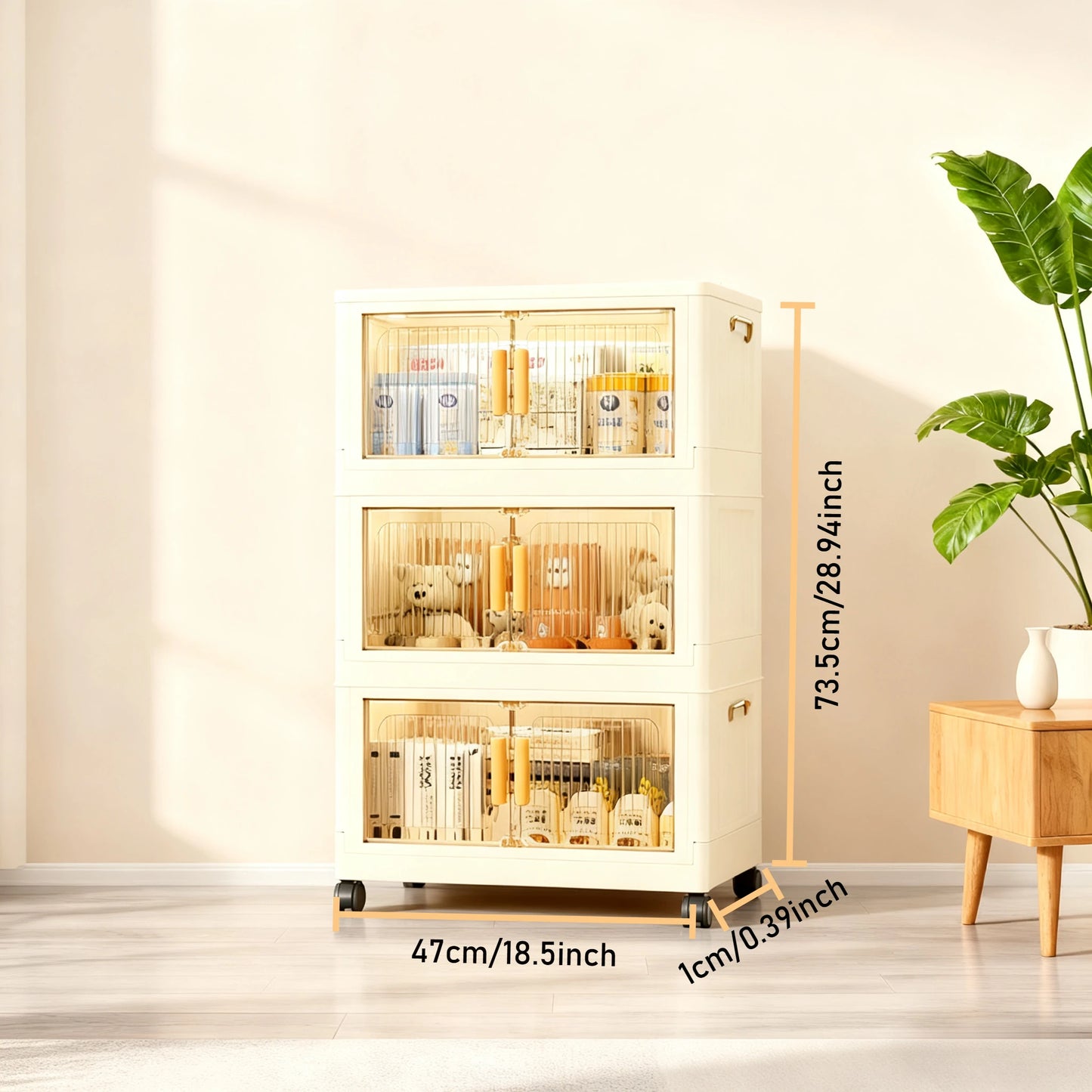 Three To Five Tier Foldable Cabinet With Lidded Storage On Wheels Stackable