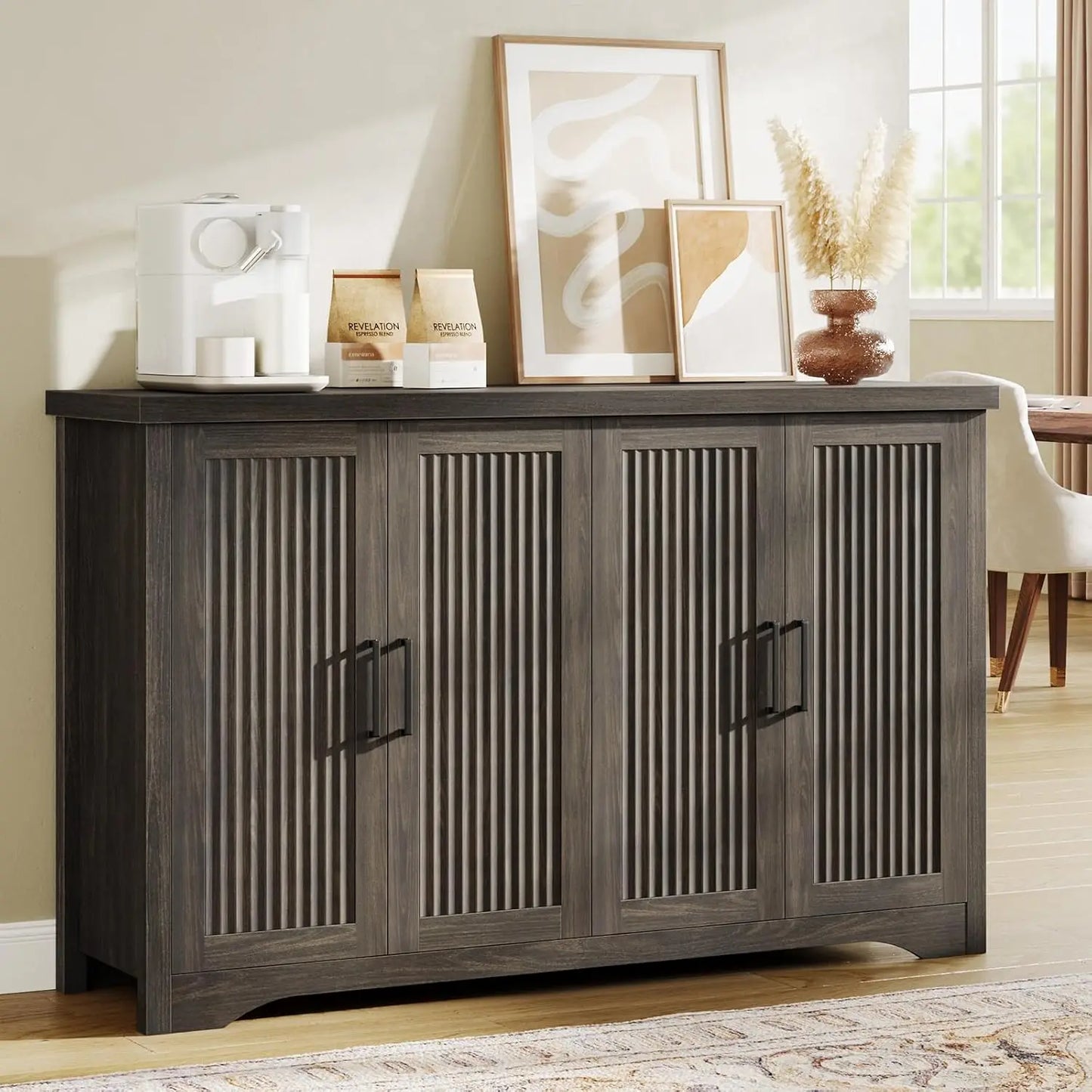 Fluted Buffet Cabinet With Storage Sideboard Modern Credenza Wood