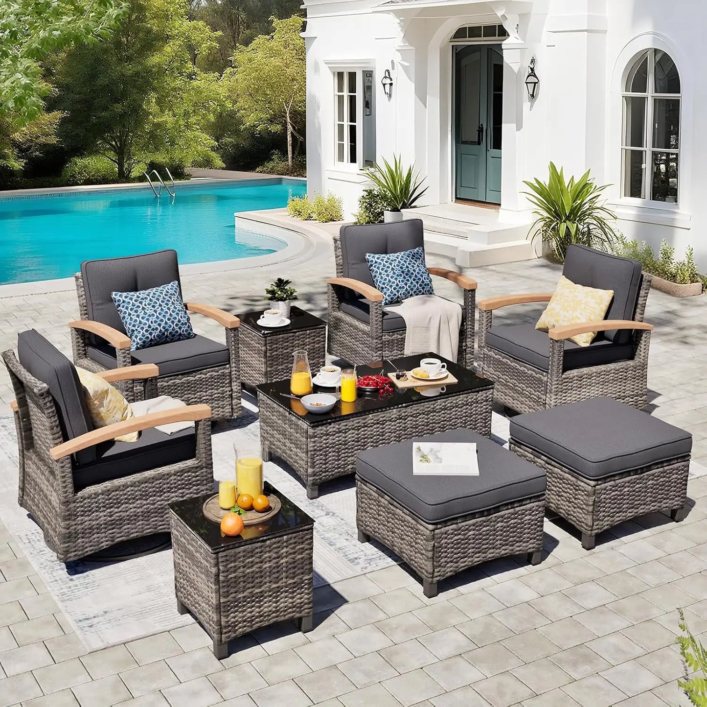 9-Piece Outdoor Patio Furniture Set Wicker With Swivel Rocker Chairs