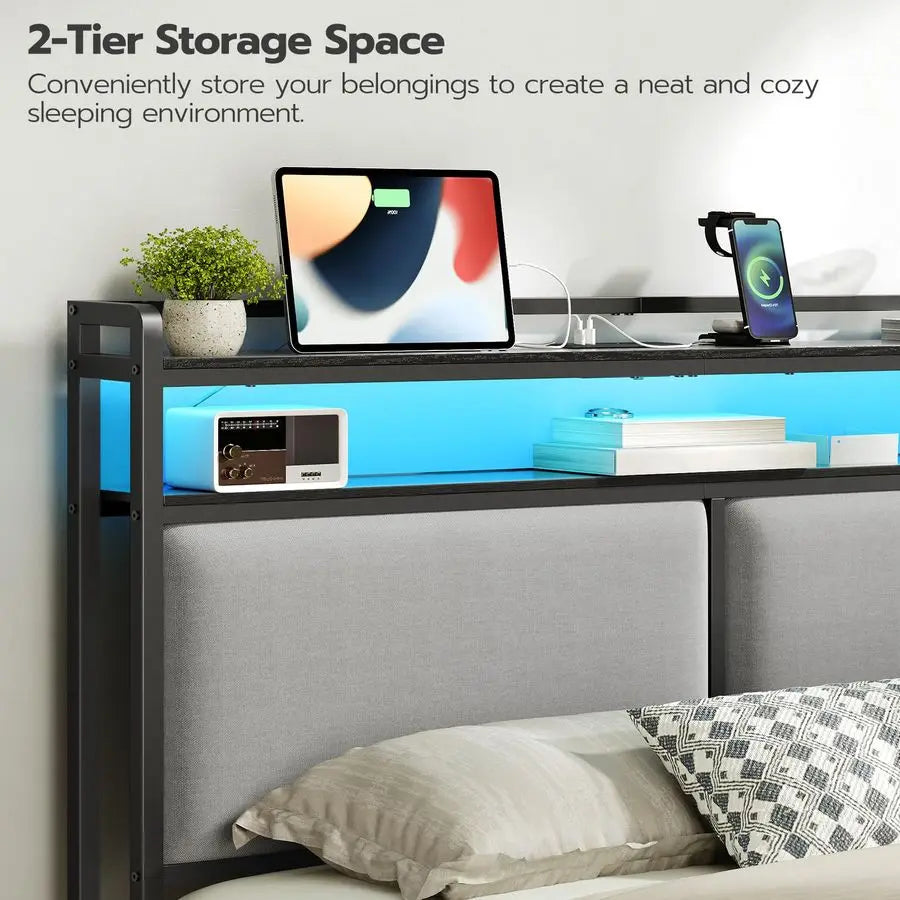 Upholstered Headboard With Storage And Charging Station LED Lights