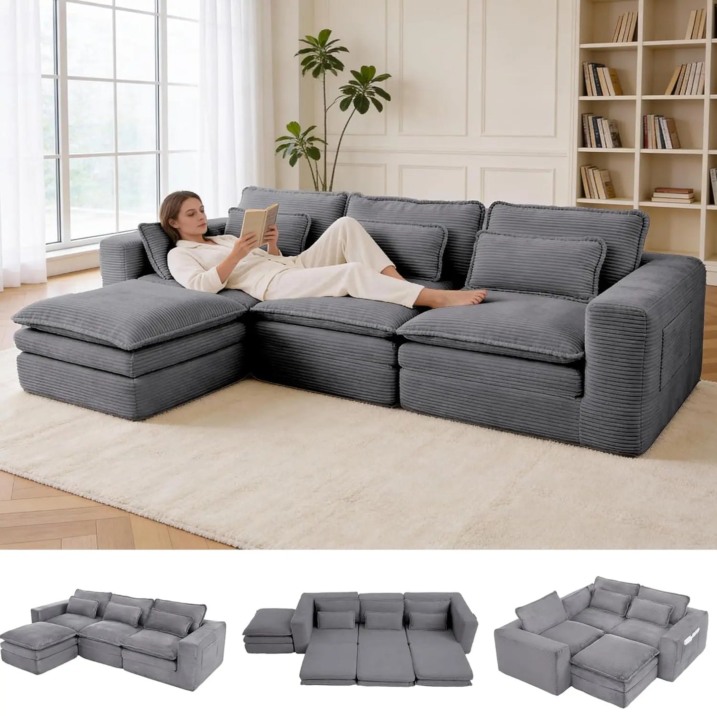 L Shape Modular Sectional Sofasystem With Ottoman ThreeLayer Convertible Pullout