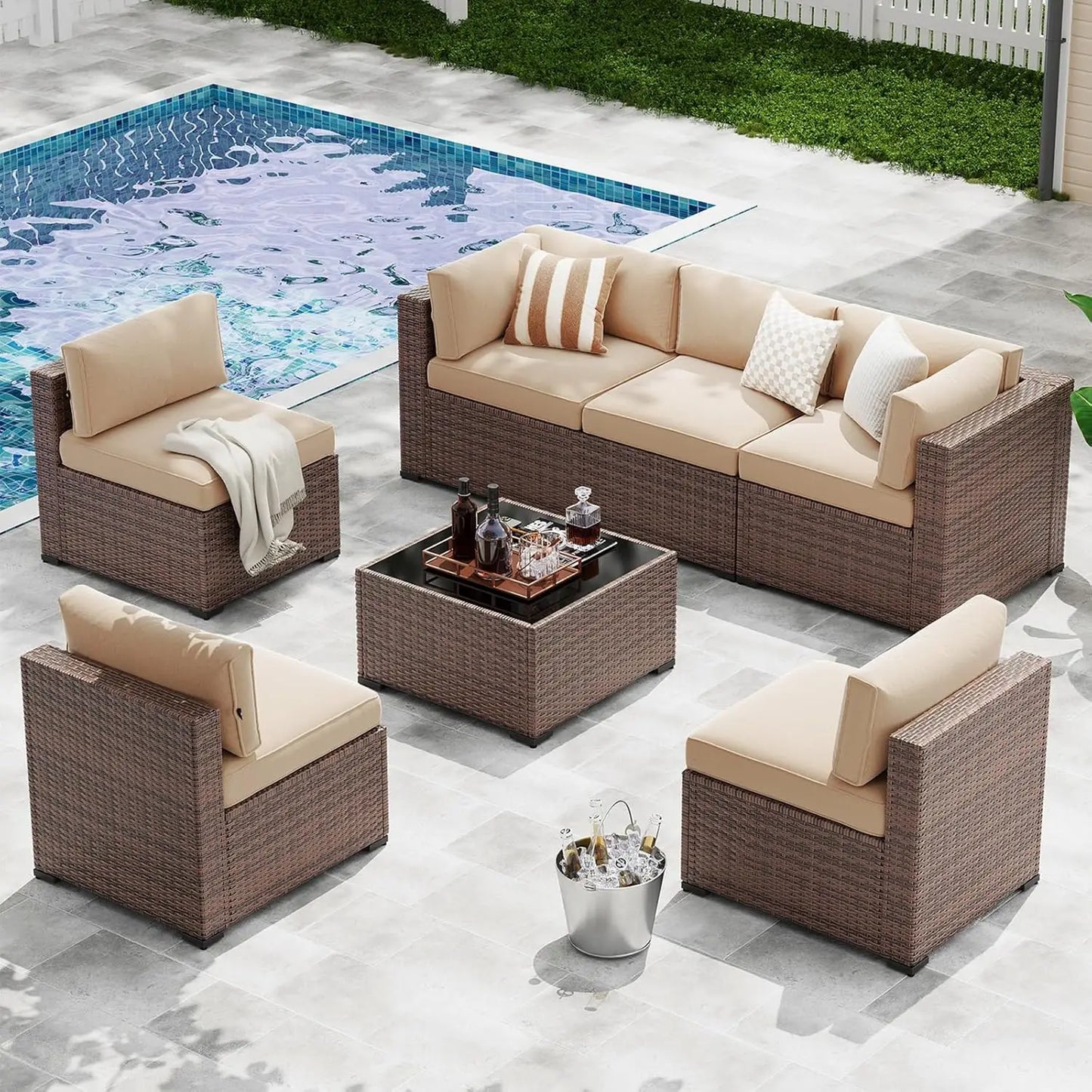 XIAOLANG 7 Piece Outdoor Patio Furniture Set Wicker Rattan Cushions