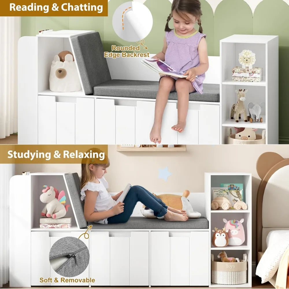 Kids Reading Nook With Bookshelf, Bench And Rolling Drawers For Playroom Storage Solutions