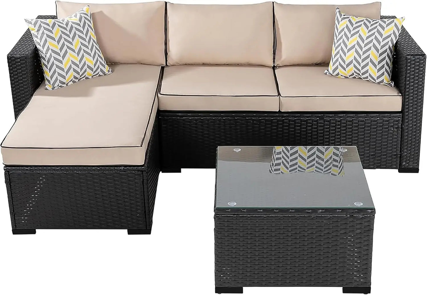 Outdoor 3-Piece Sectional Set With All-Weather Weatherproof-Rattan And Glass Table