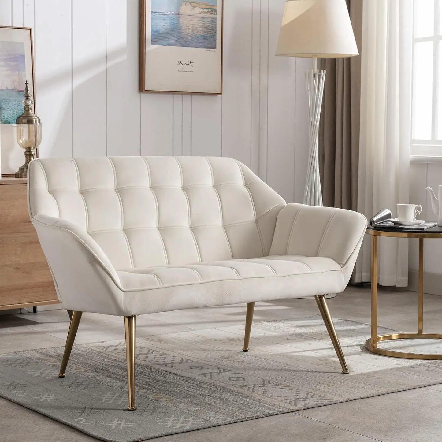 Modern Linen Loveseat Sofa With Quilted Back And Wood Legs