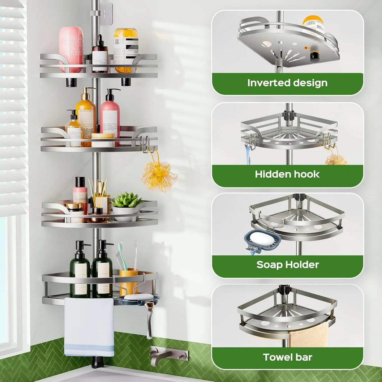 XMSJ Shower Caddy Tension Pole 4 Tier Rustproof Bathroom Organizer