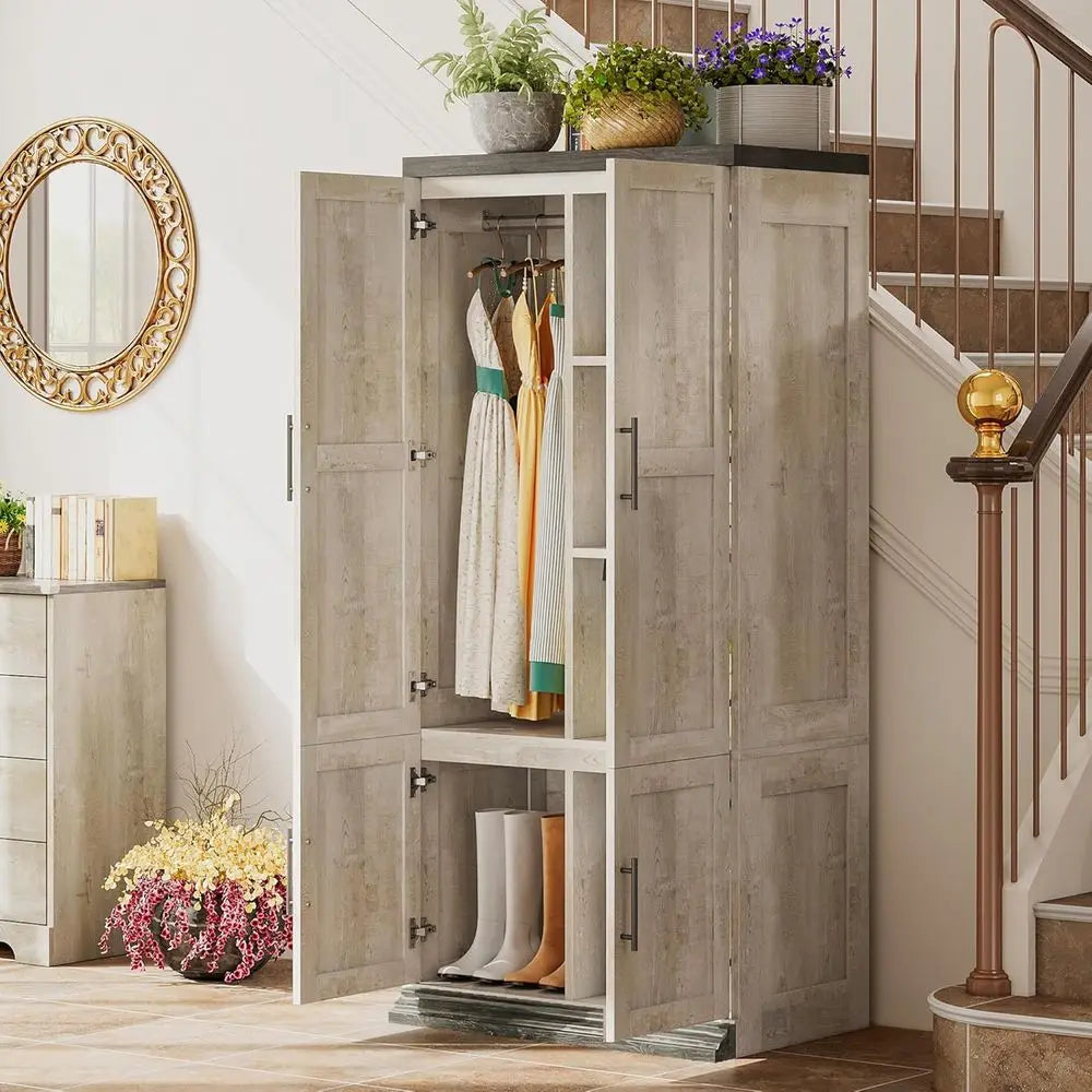 RBXC Rustic Wooden Tall Wardrobe With Hanging Rod And Doors