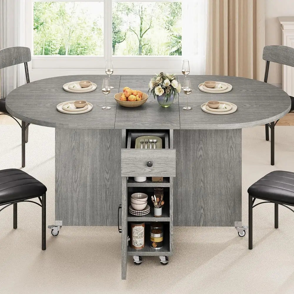 Space-Saving Oval Drop Leaf Dining Table With Storage Drawer And 2-Tier Shelf