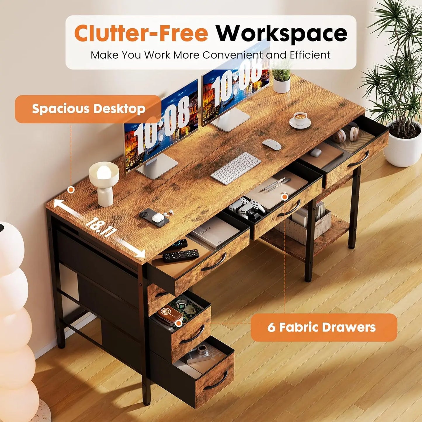 XMSJ Computer Desk With 6 Drawers And Storage Shelves