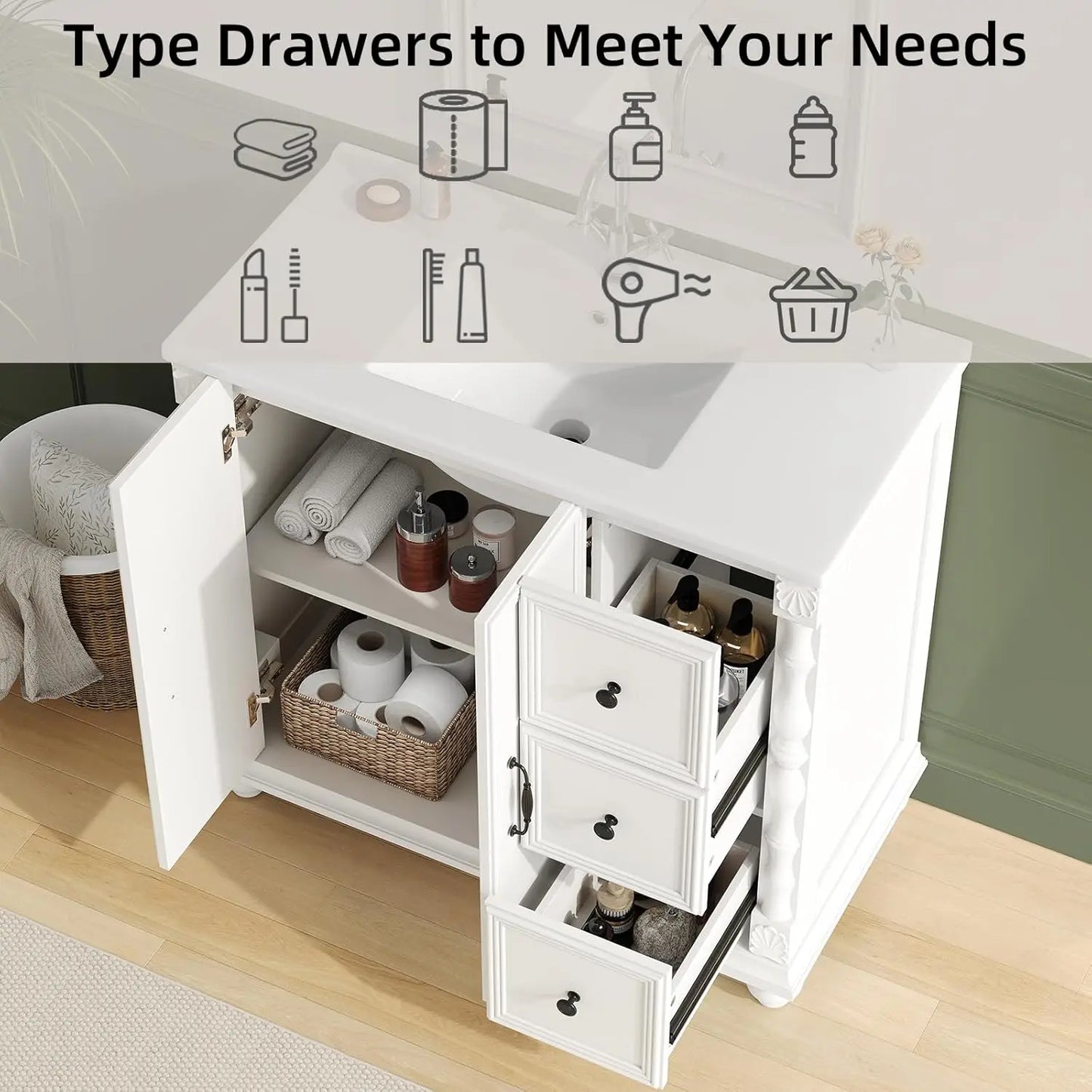 Modern Bathroom Vanity Sink Combo With Ceramic Top Freestanding Cabinet