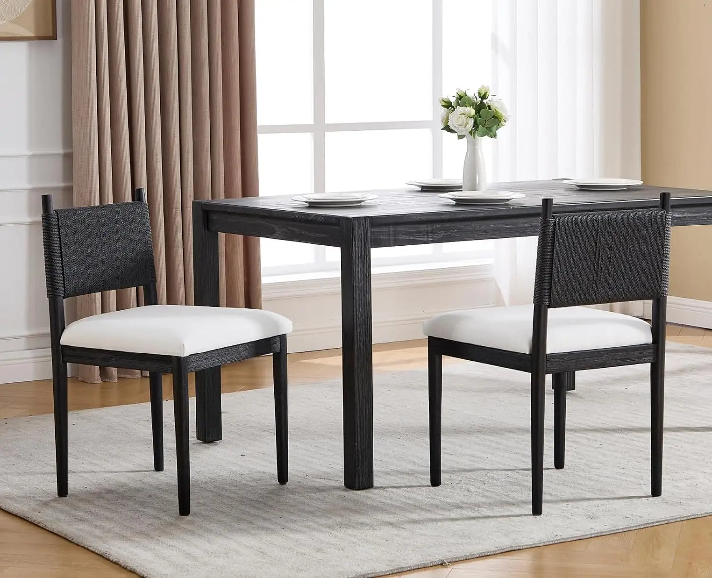 Rattan Dining Chairs Set of 2 With Leather Upholstery and Woven Back