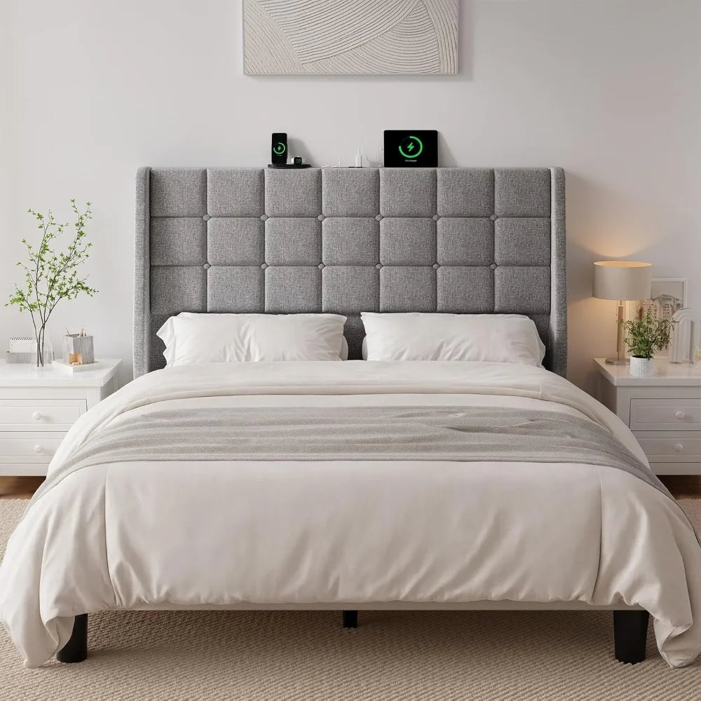 DAFIFY Upholstered Headboard With Charging Station And Linen Wingback