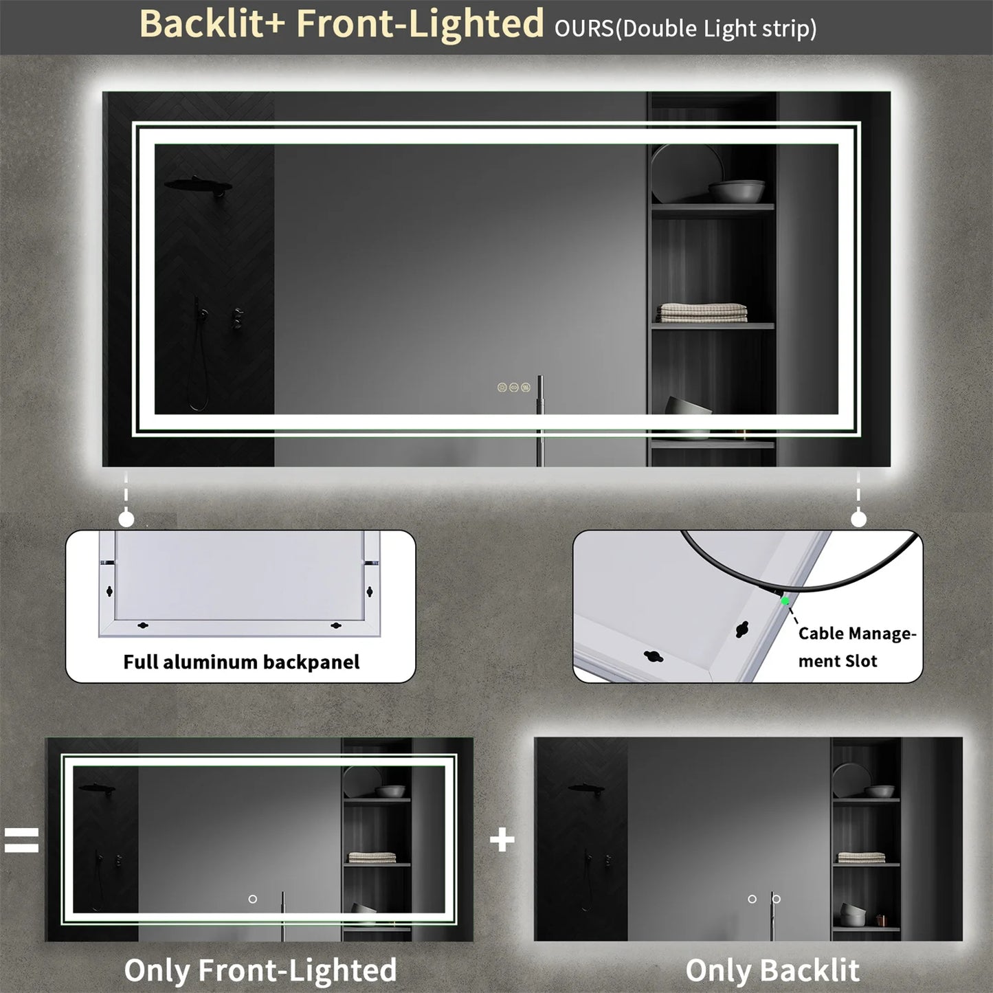 Backlit LED Bathroom Mirror Dual Lights Anti Fog Touch Dimmable