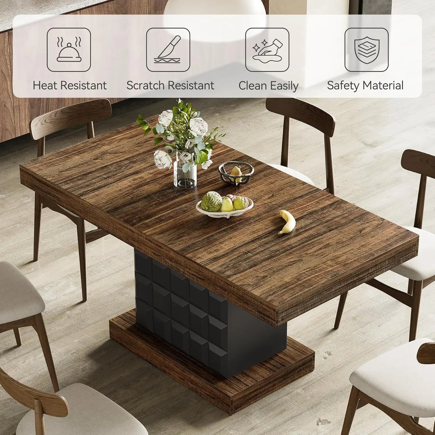 Modern Rectangular Farmhouse Dining Table With Sturdy Wood Pedestal