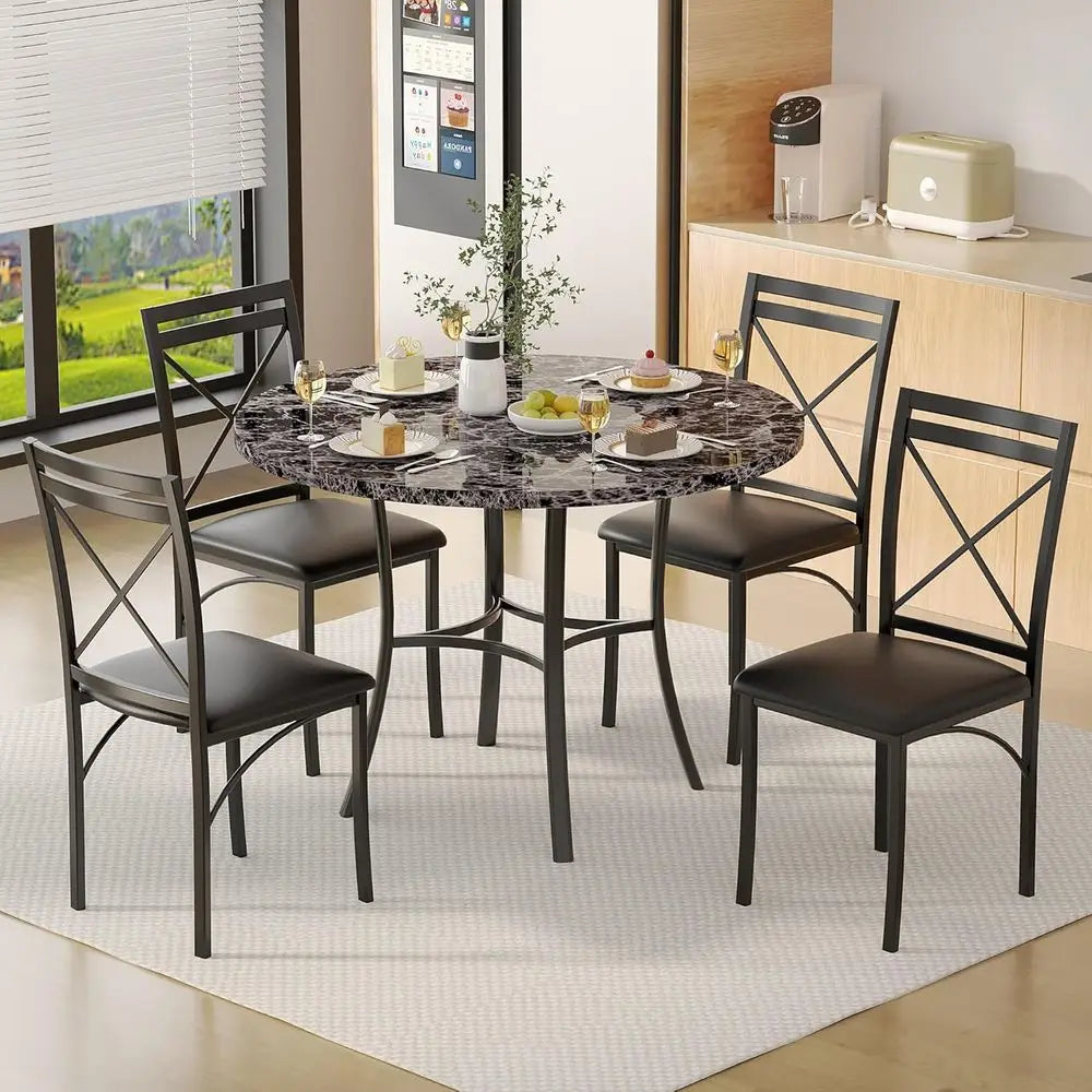 Space Saving Faux Marble Round Dining Table For Four