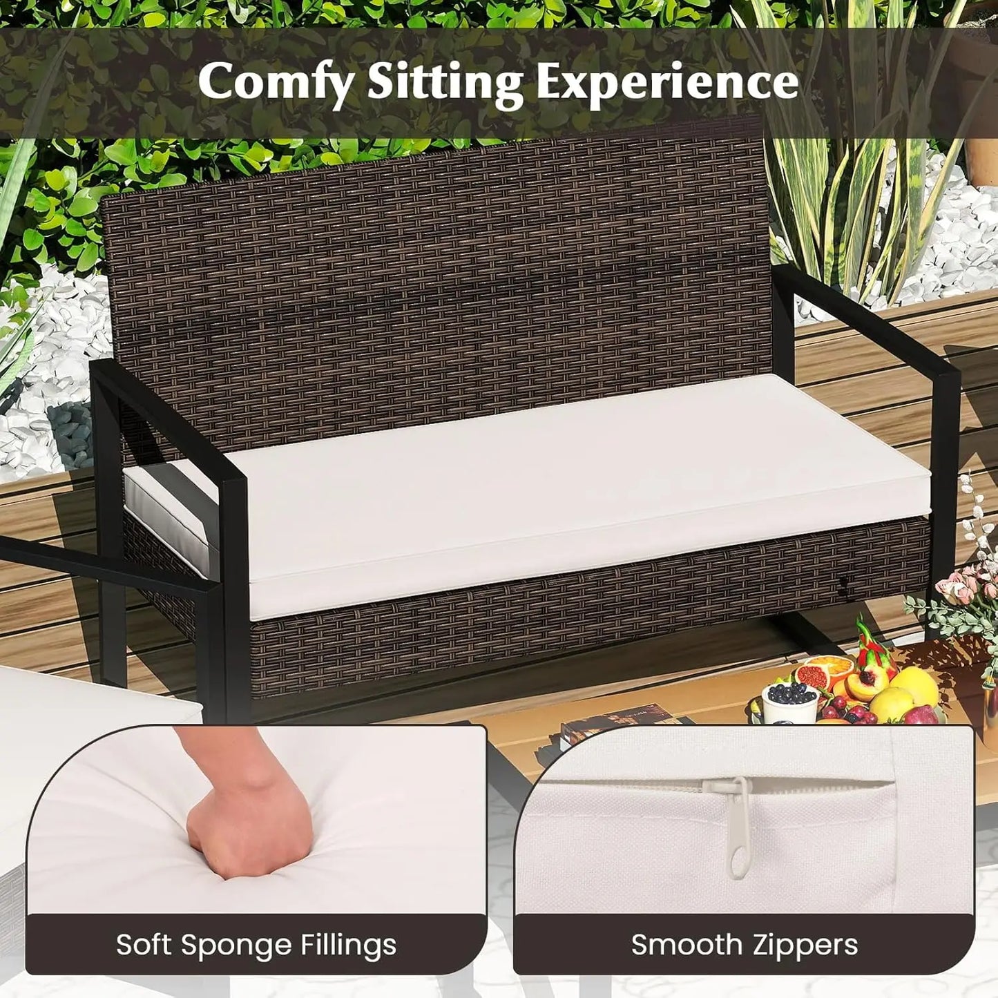 Outdoor Rattan Patio 4 Piece Set With Cushioned Chairs