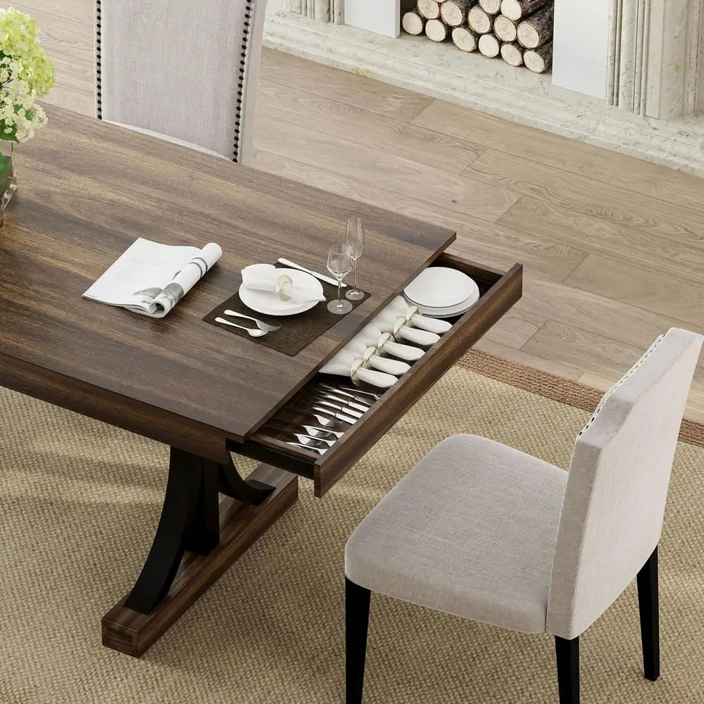 Wooden Dining Table For 6-8 With Double Pedestal Drawers