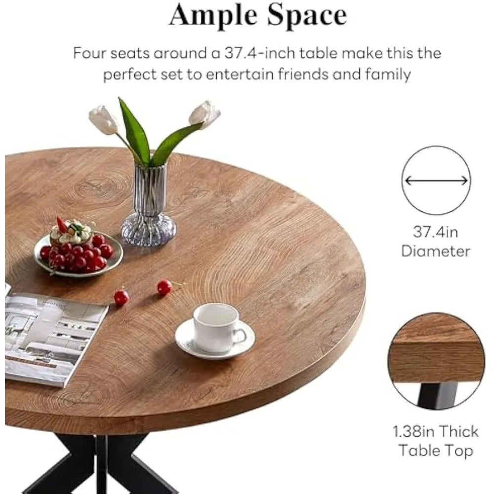 Modern Round Dining Table MDF Top Woodgrain Finish Metal Base