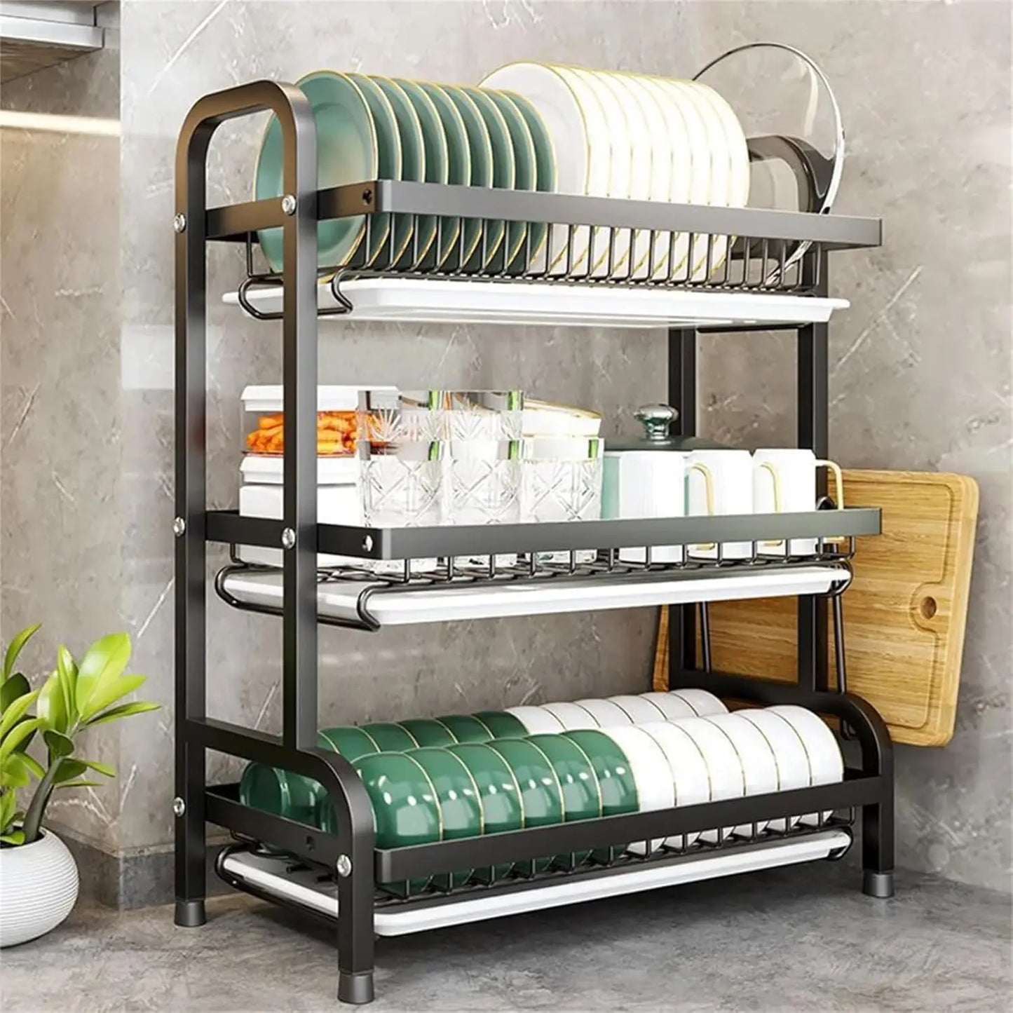 Three-Tier Dish Rack For Kitchen Countertop And Plates