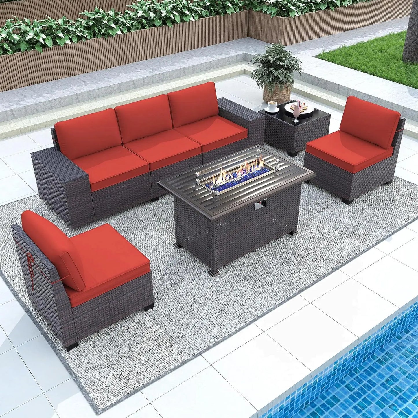 XIAOLANG 7 Piece Patio Furniture Set With Fire Pit Table