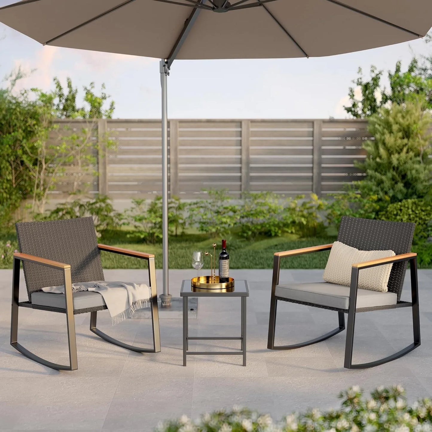Three Piece Rocking Patio Bistro Set With Anti Scald Armrests