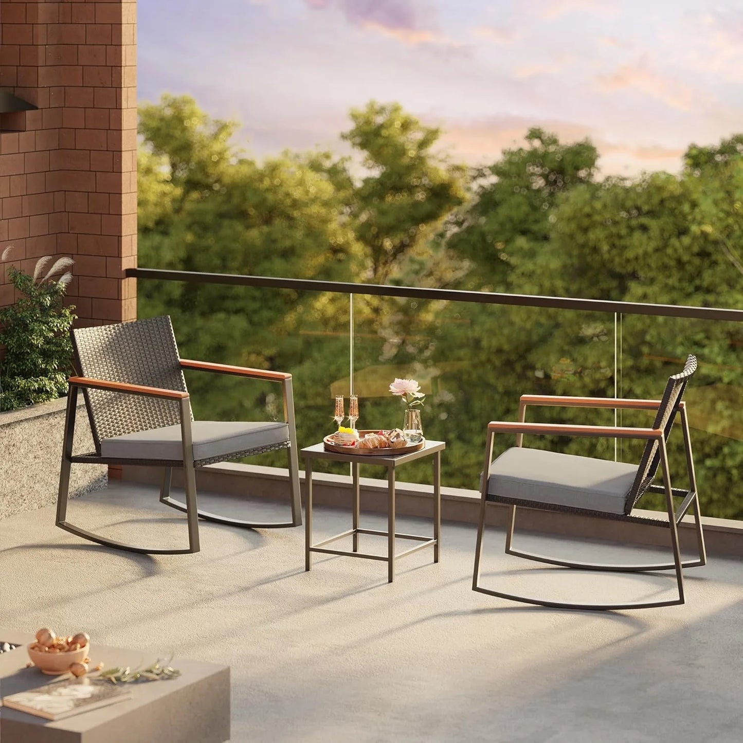 Three Piece Rocking Patio Bistro Set With Anti Scald Armrests