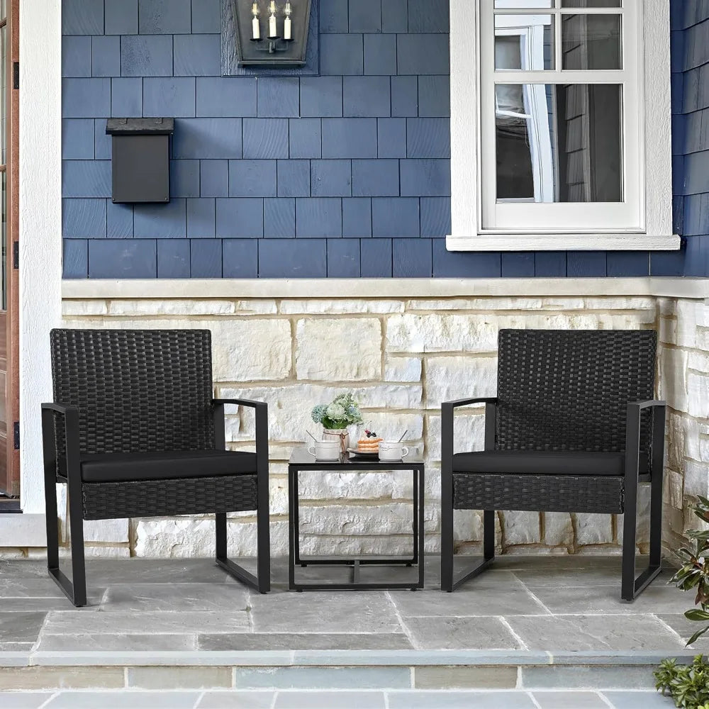 Outdoor Three Piece Wicker Patio Set With Glass Coffee Table