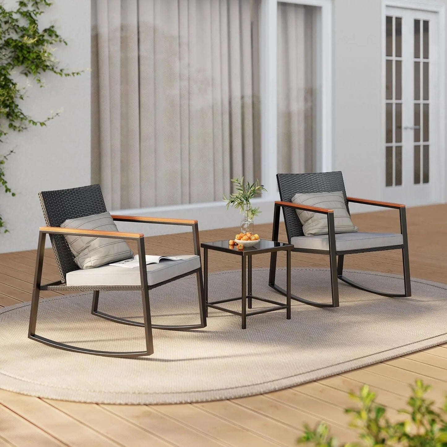 Three Piece Rocking Patio Bistro Set With Anti Scald Armrests