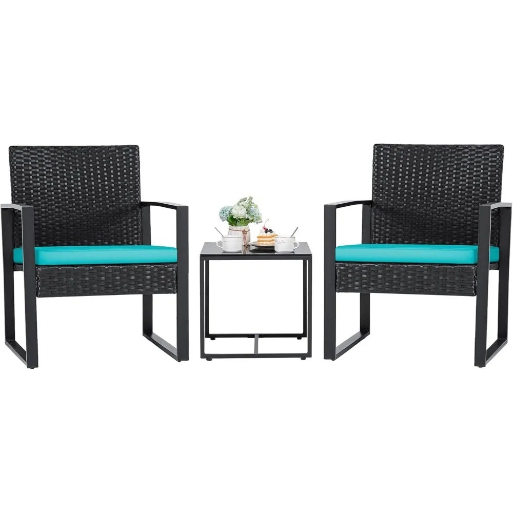 Outdoor Three Piece Wicker Patio Set With Glass Coffee Table