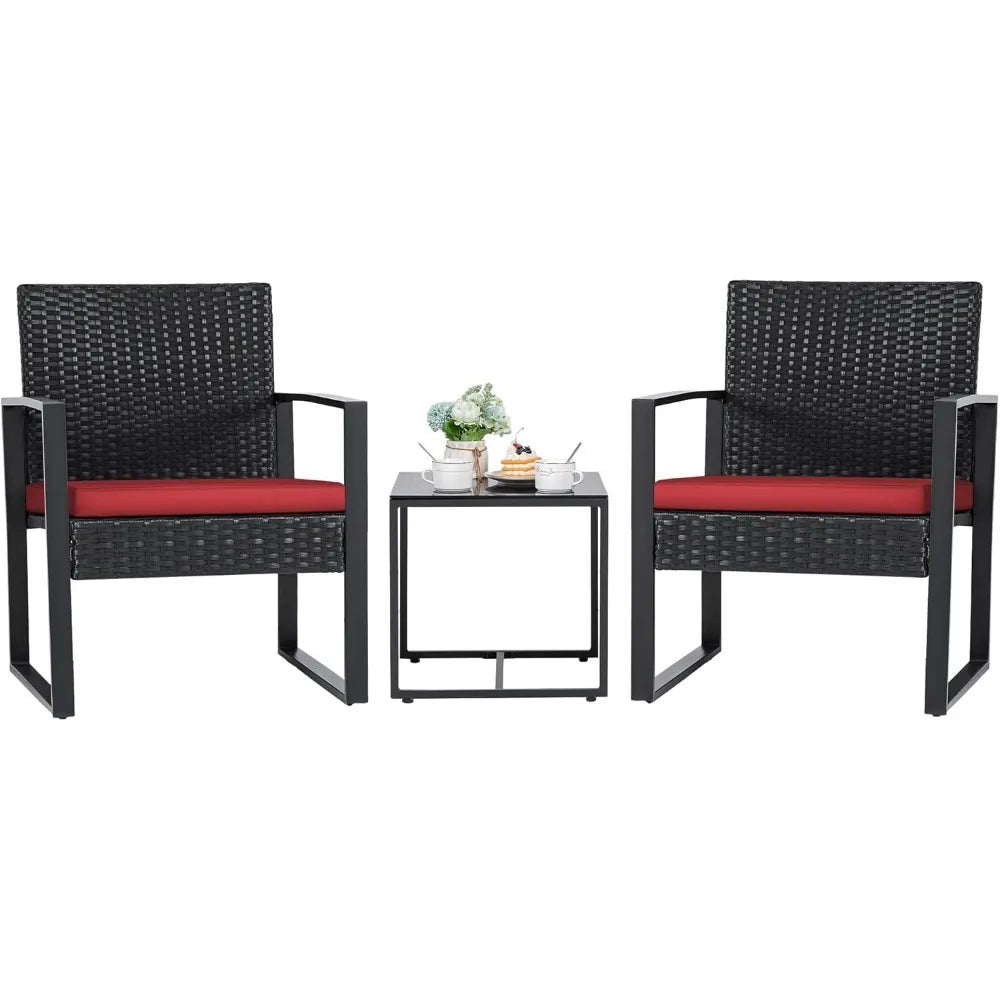 Outdoor Three Piece Wicker Patio Set With Glass Coffee Table