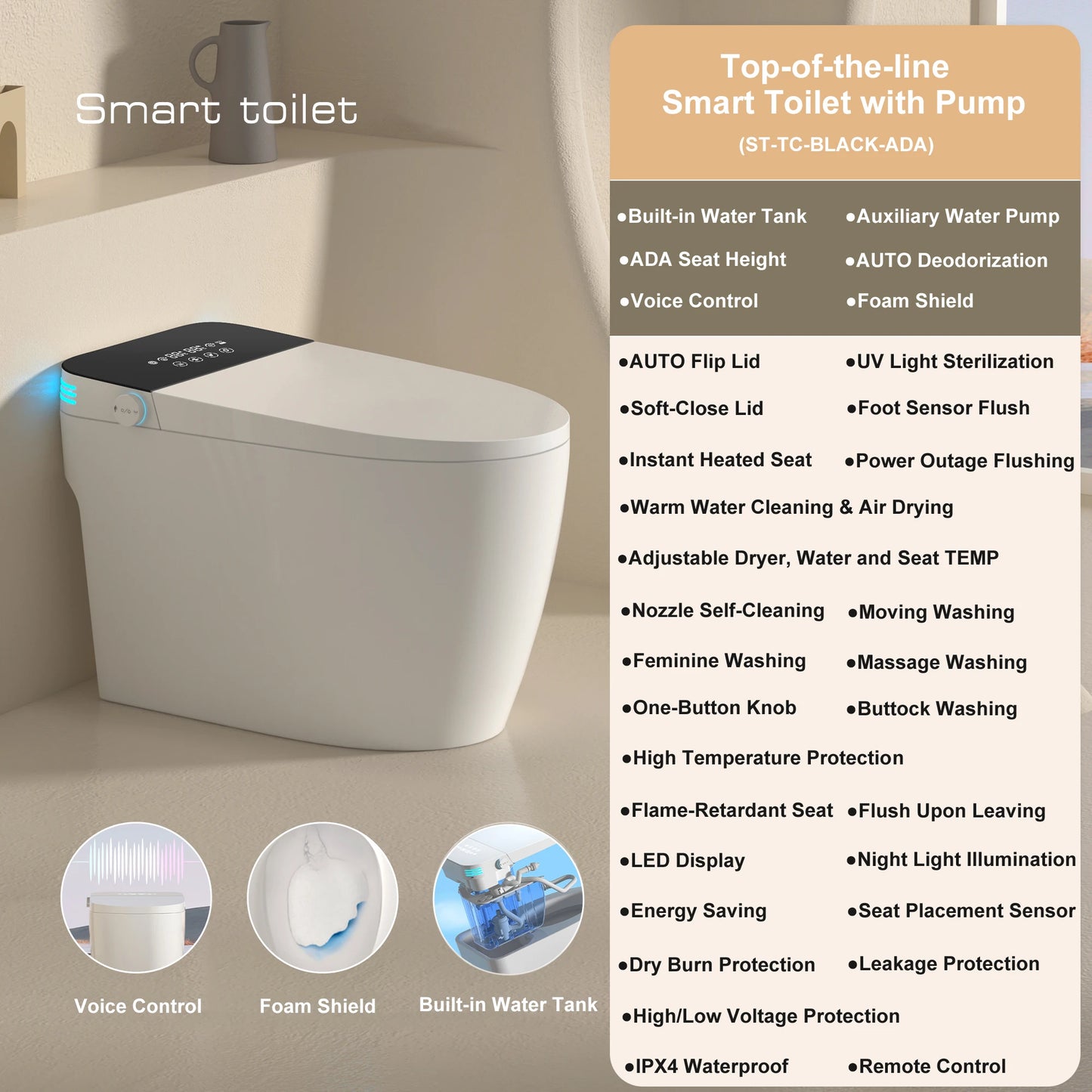 Smart Toilet With Bidet Auto Open Close Dual-Flush Heated Seat