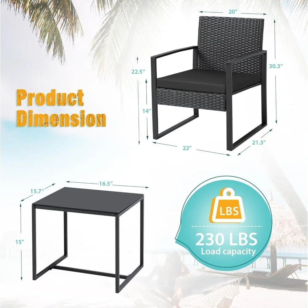 Outdoor Three Piece Wicker Patio Set With Glass Coffee Table