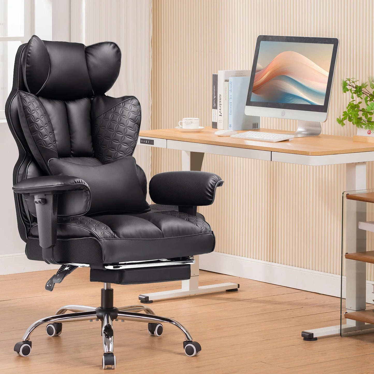 COMHOMA Ergonomic Leather Office Chair With High Back And Footrest
