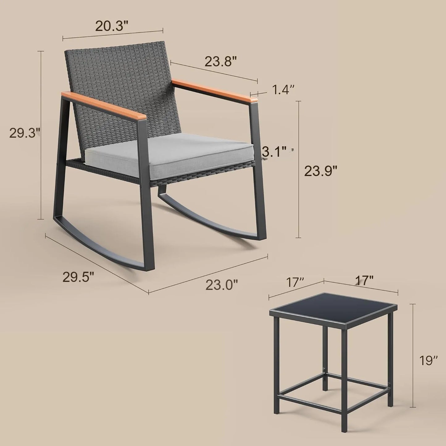 Three Piece Rocking Patio Bistro Set With Anti Scald Armrests