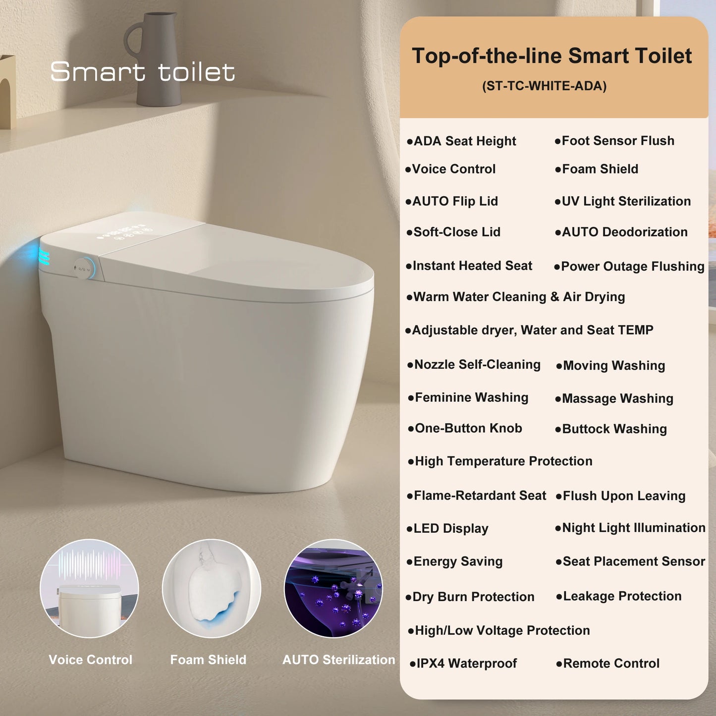 Smart Toilet With Bidet Auto Open Close Dual-Flush Heated Seat