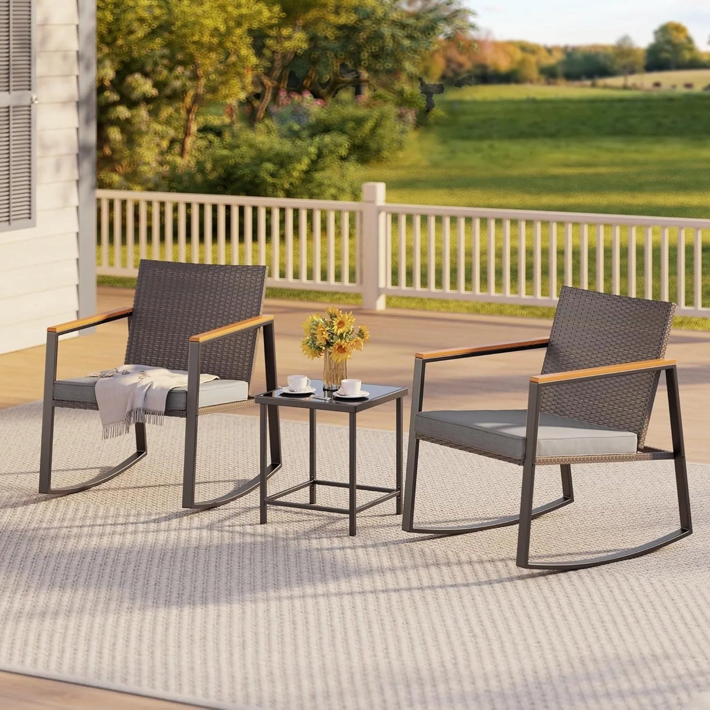 Three Piece Rocking Patio Bistro Set With Anti Scald Armrests