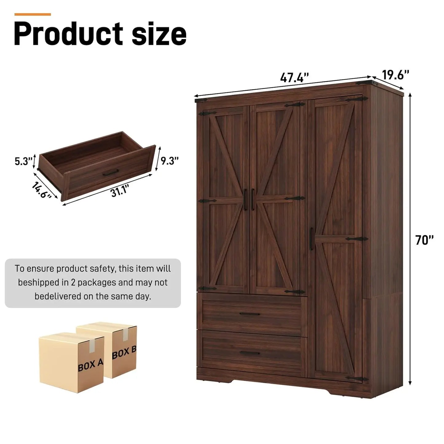 HUANZHUANG Farmhouse Wooden Wardrobe Armoire With 3 Doors 2 Drawers