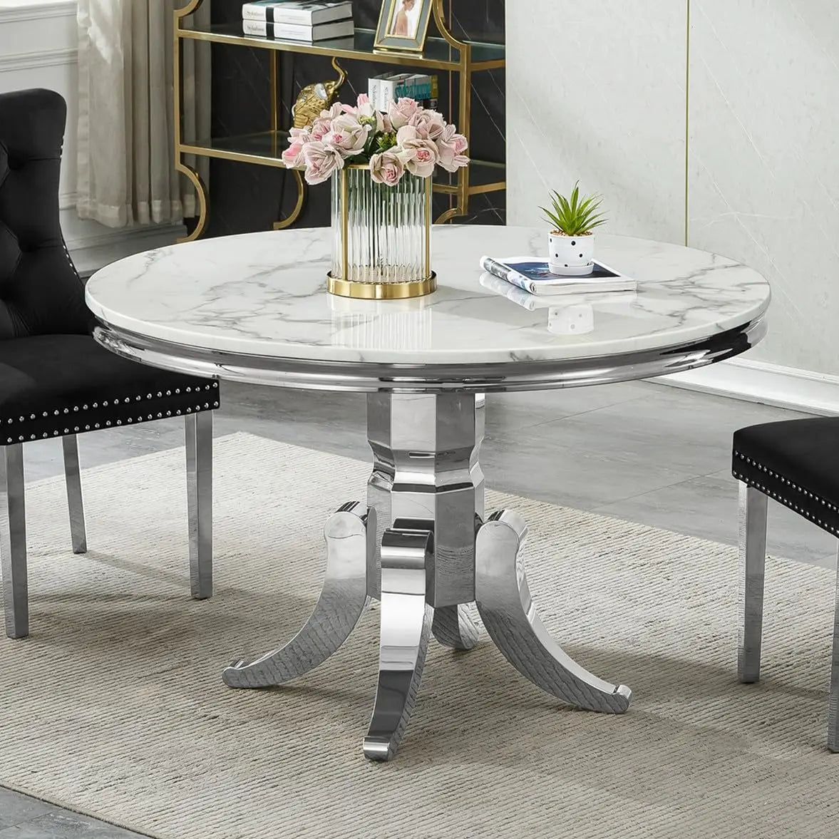 Marble Dining Table With Stainless Steel X Base For GourmetDiningRoomShowcaseExcellence