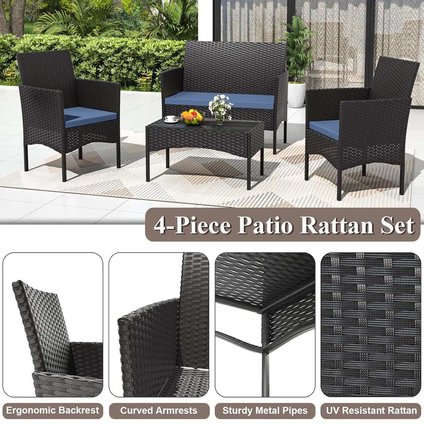 XIAOLANG Outdoor Rattan Conversation Set With Tempered Glass Table