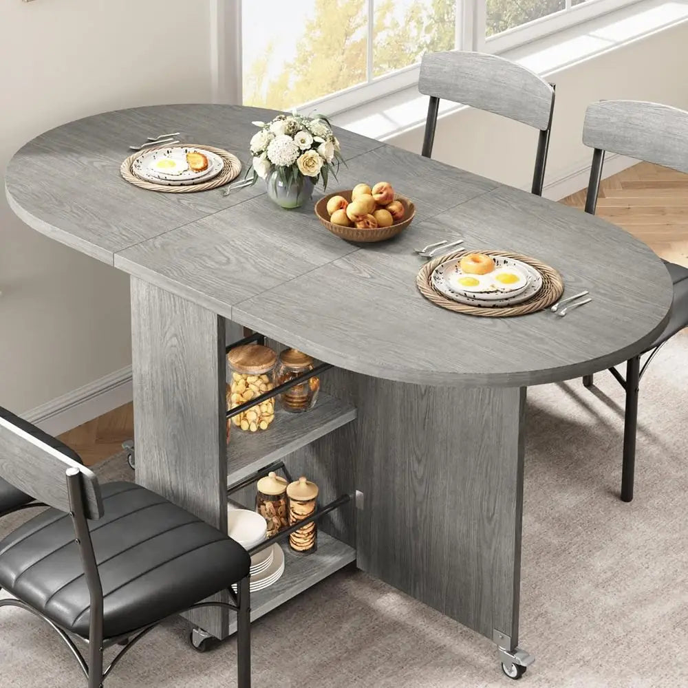 Space-Saving Oval Drop Leaf Dining Table With Storage Drawer And 2-Tier Shelf