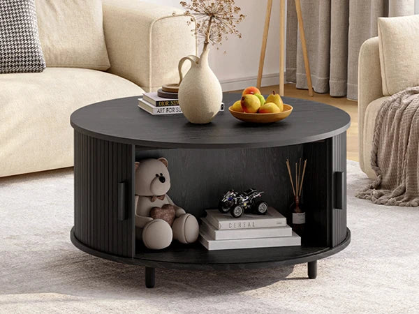 ONBRI Round Coffee Table With Storage And Curved Sliding Door