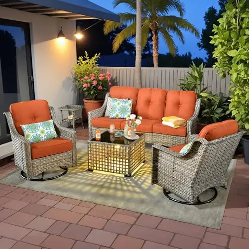 6 Piece All Weather Patio Outdoor Furniture Set Wicker Rattan Sofa Ottoman