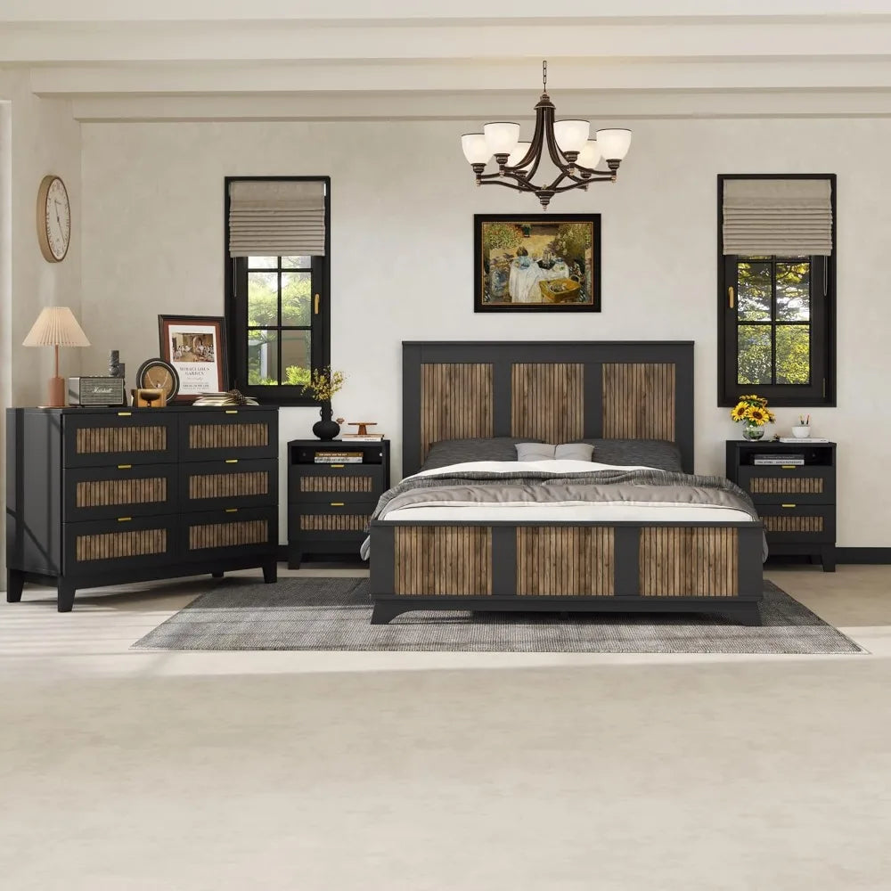 MKDK 4 Piece Queen Bedroom Set Platform Bed With Dresser And Nightstands Engineered Wood And Metal Construction