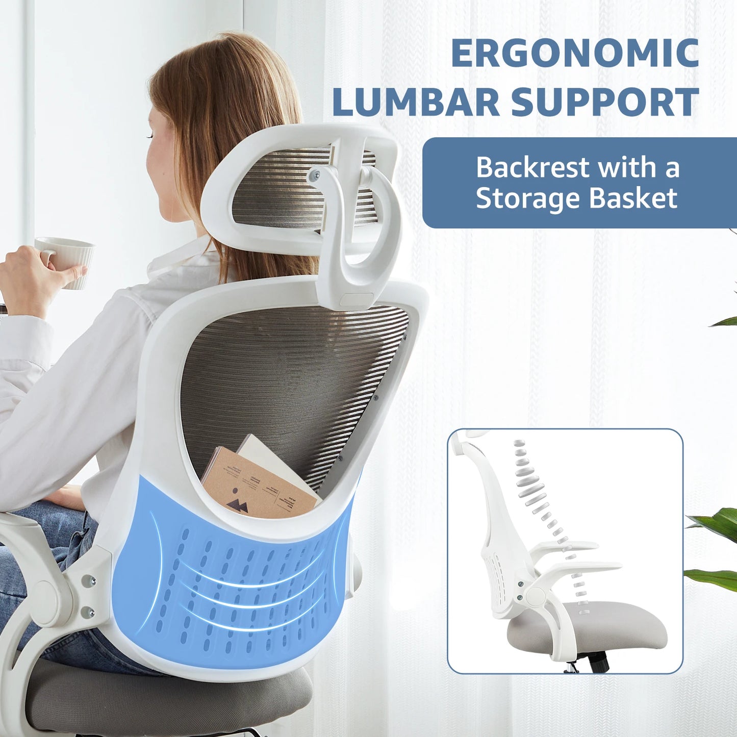 JHKErgonomics Mesh Ergonomic Office Chair With Flip Up Arms Lumbar Support