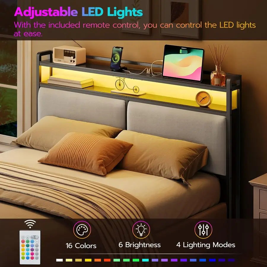 Upholstered Headboard With Storage And Charging Station LED Lights